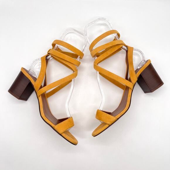 BA&SH Cequoia Strappy Heeled Sandal Women 39 Yellow Suede Block Stacked heel NEW - Picture 6 of 15